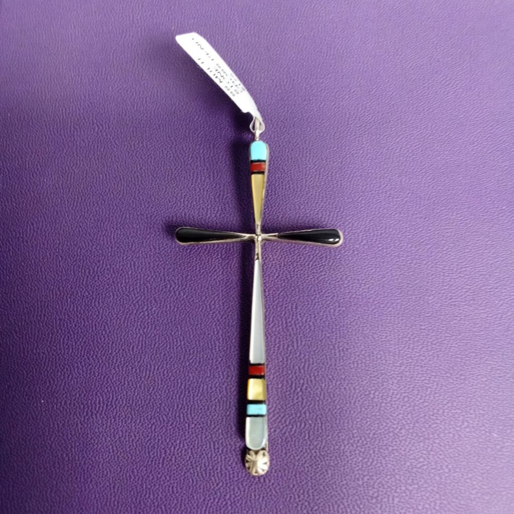 Native American Zuni Handcrafted Sterling Silver Multi-Stone Cross Pendant